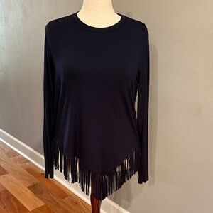 NWT Karen Kane Navy Asymmetrical Fringe Long Sleeve Top